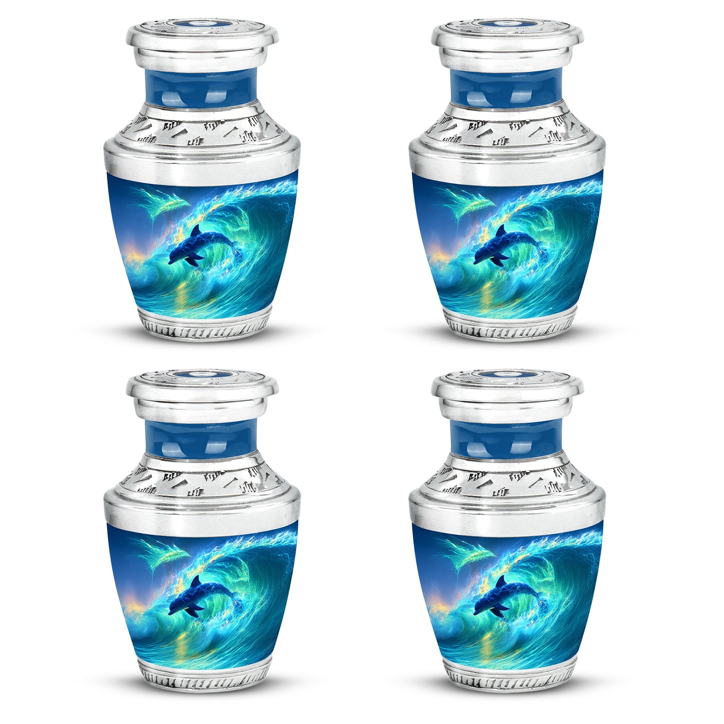 Powder Blue Dolphin Cremation Urn back view with polished surface - contemporary dolphin design with modern artistic flair - 10 inch aluminum urn for cremated remains