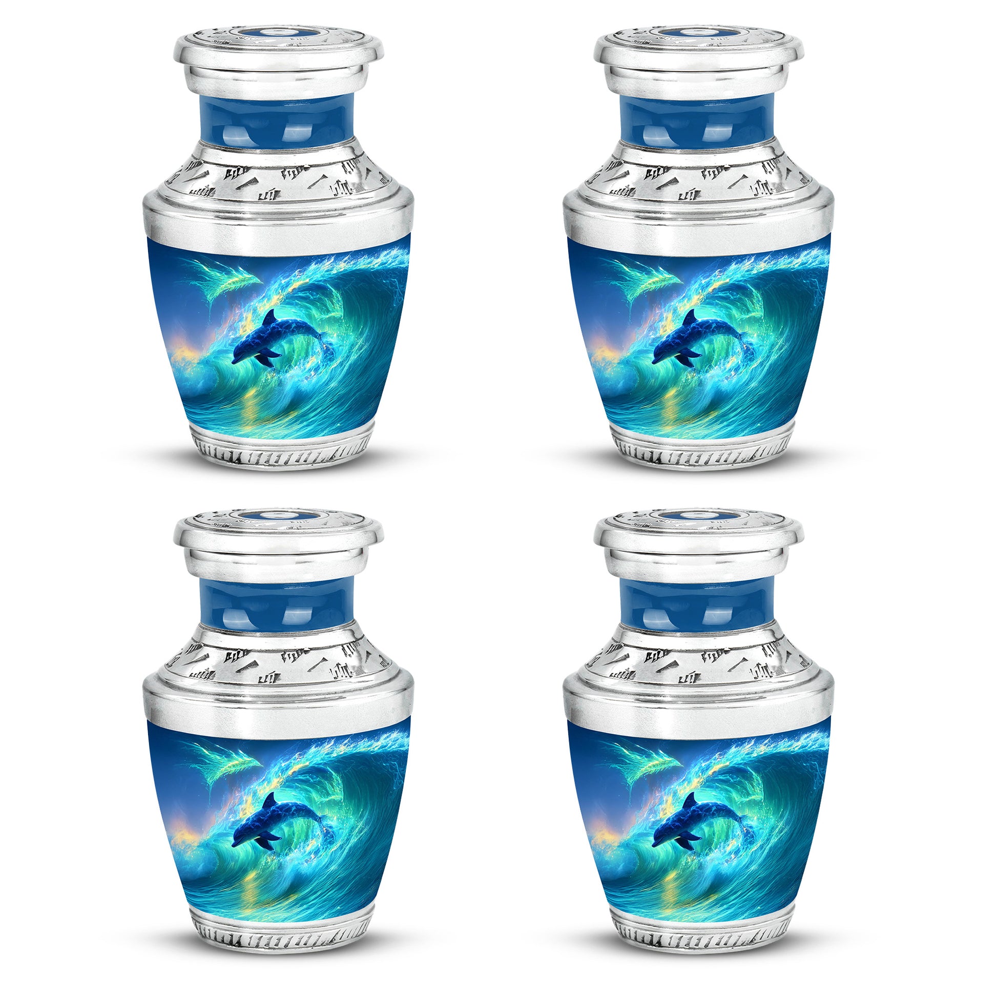 Powder Blue Dolphin Cremation Urn back view with polished surface - contemporary dolphin design with modern artistic flair - 10 inch aluminum urn for cremated remains