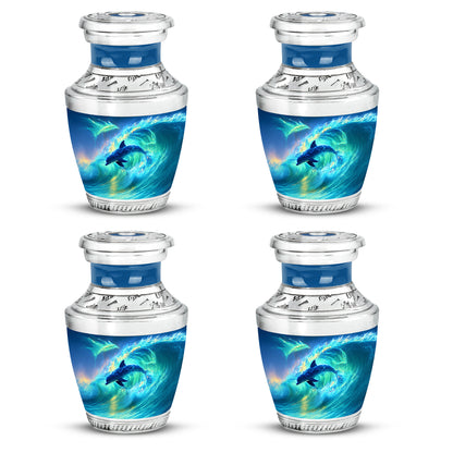 Powder Blue Dolphin Cremation Urn back view with polished surface - contemporary dolphin design with modern artistic flair - 10 inch aluminum urn for cremated remains