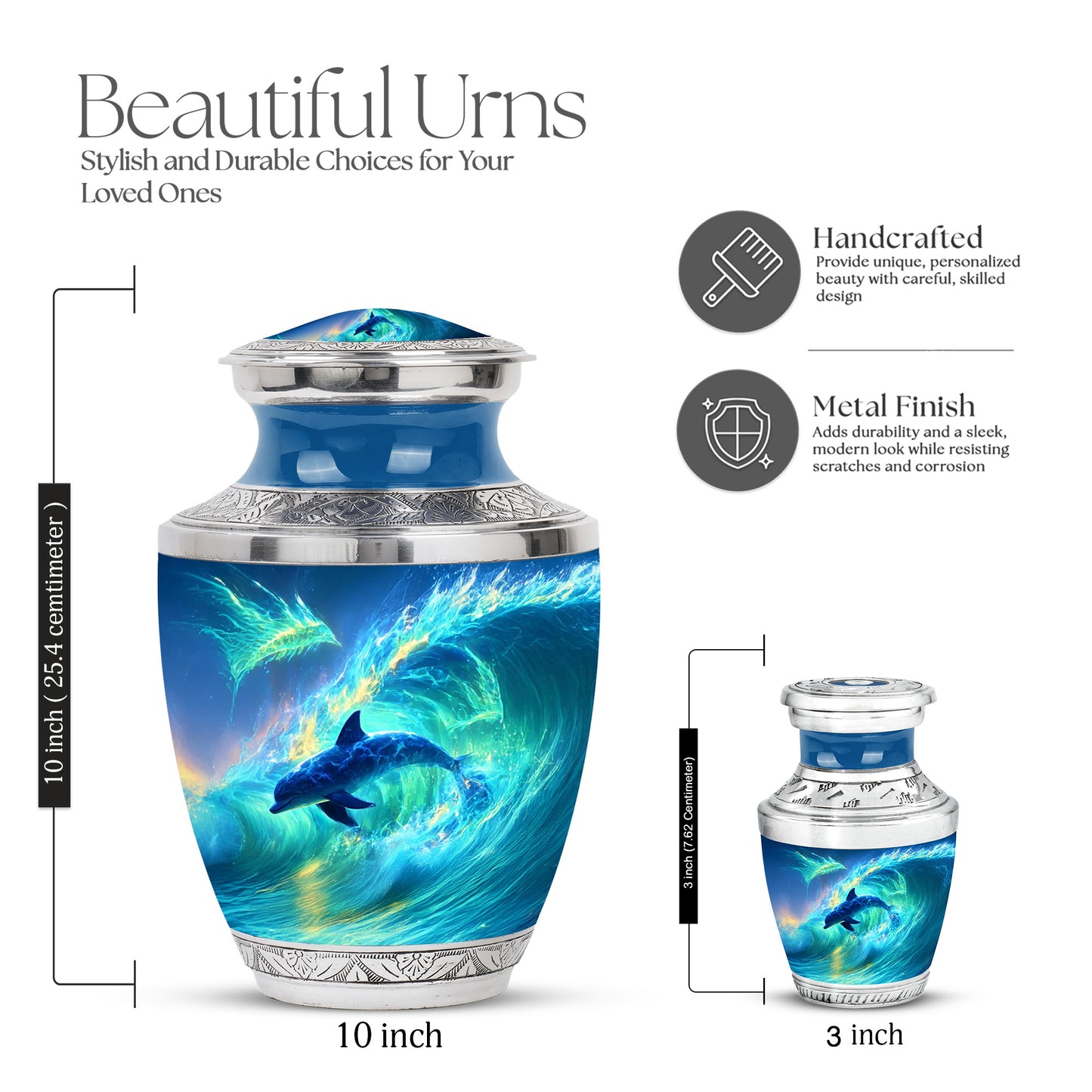 Royal Blue Dolphin Cremation Urn top-down view of secure threaded lid - artistic dolphin interpretation with creative detail - mini keepsake memorial for portion of cremation ashes