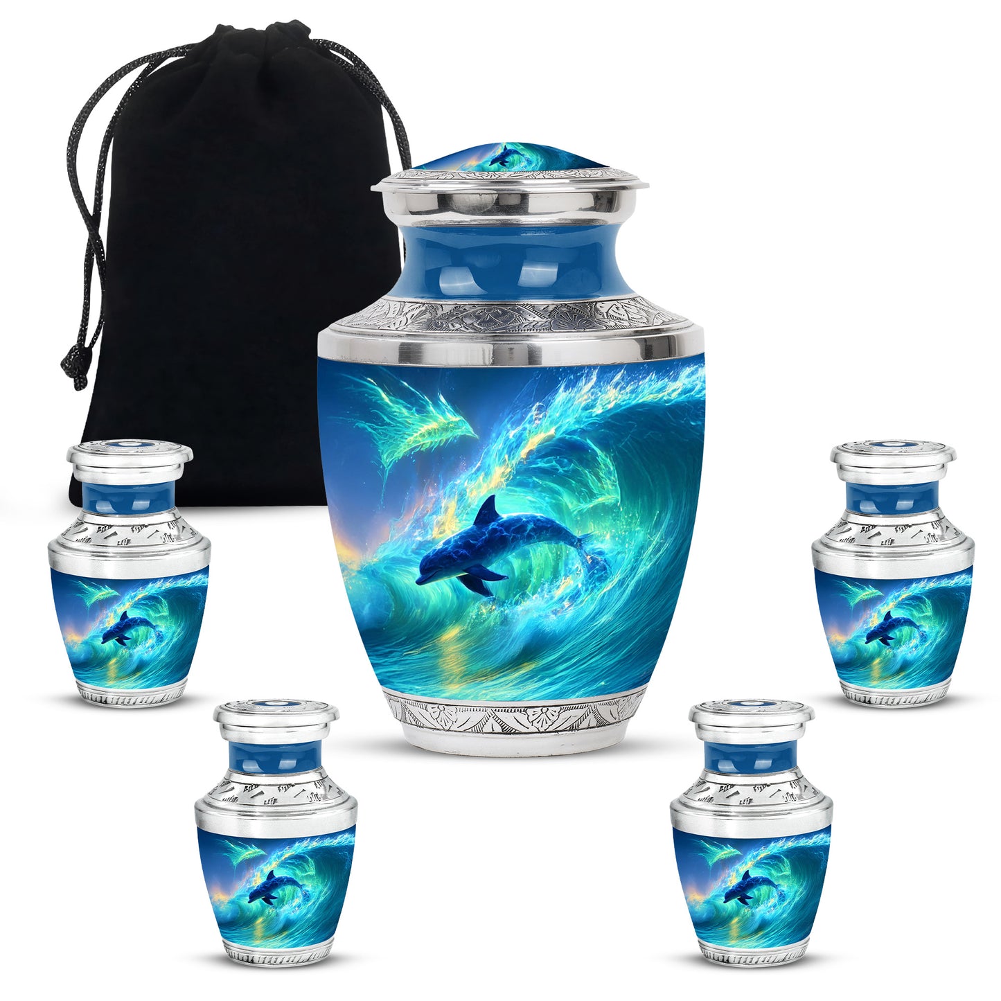 Serene Blue Dolphin Cremation Urn lifestyle display on memorial shelf - stylized abstract dolphin pattern with bold lines - memorial set with one large and four small urns