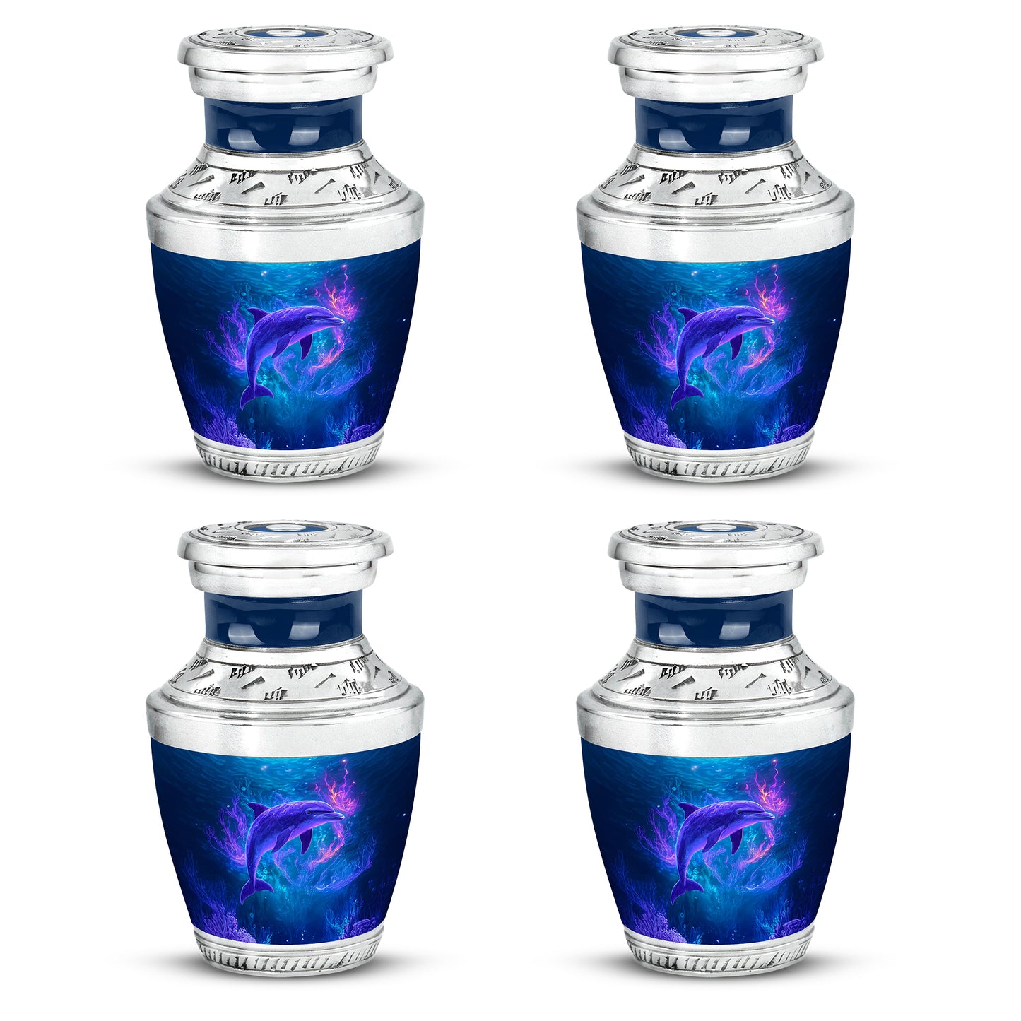 Icy Blue Dolphin Cremation Urn back view with polished surface - contemporary dolphin design with modern artistic flair - 10 inch aluminum urn for cremated remains