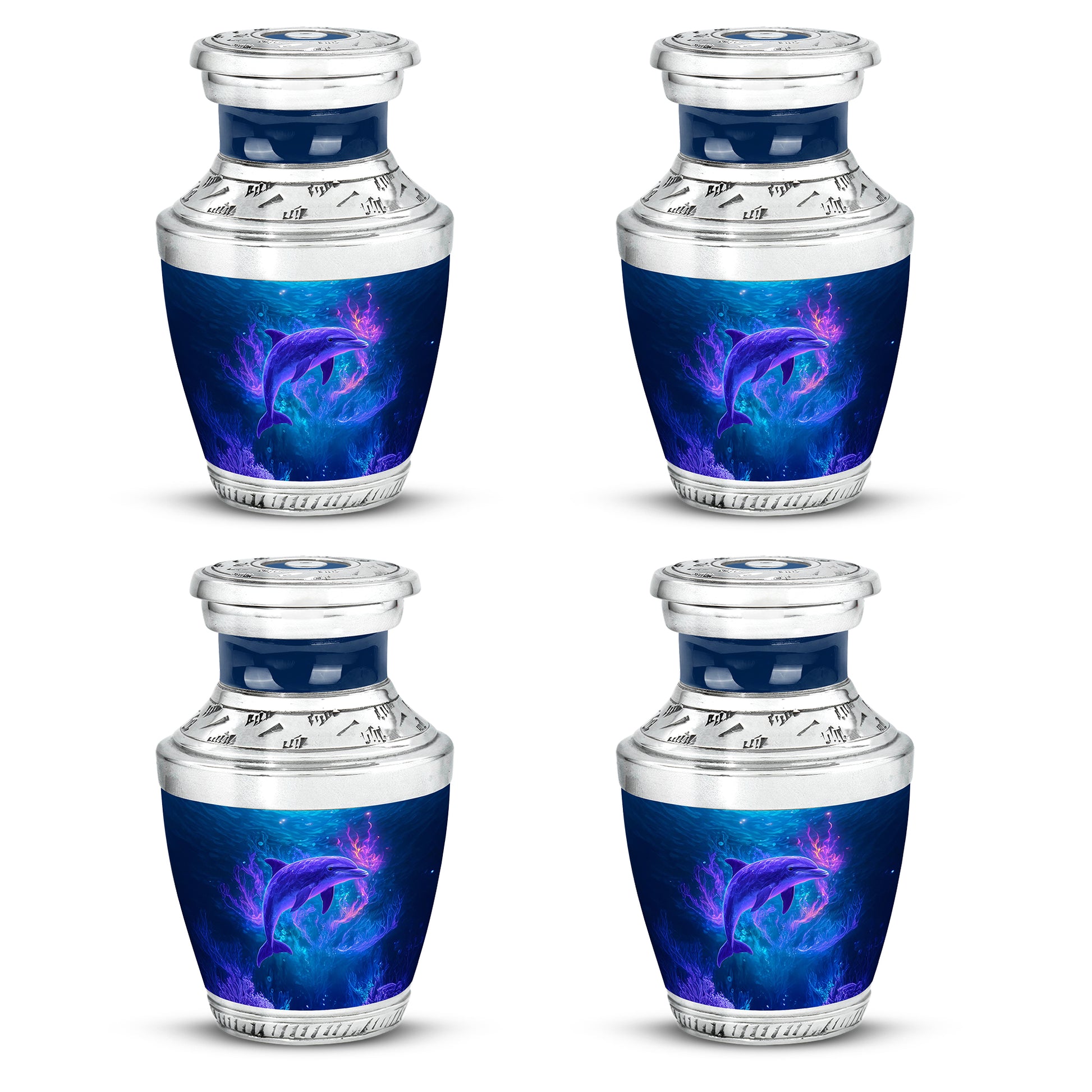 Icy Blue Dolphin Cremation Urn back view with polished surface - contemporary dolphin design with modern artistic flair - 10 inch aluminum urn for cremated remains