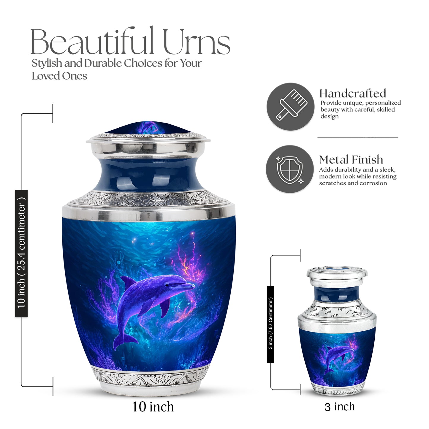Steel Blue Dolphin Cremation Urn top-down view of secure threaded lid - artistic dolphin interpretation with creative detail - mini keepsake memorial for portion of cremation ashes