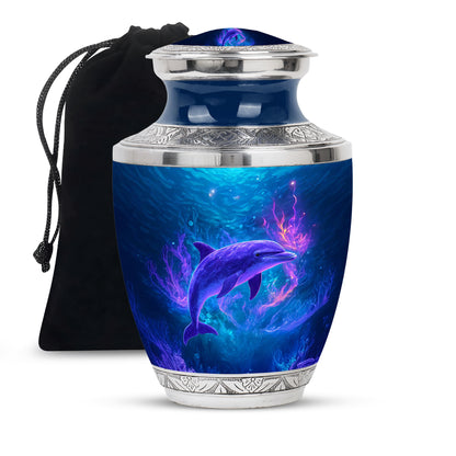 Twilight Blue Dolphin Cremation Urn side profile showing urn shape - artistic dolphin interpretation with creative detail - full-size 10 inch 200 cubic inch adult cremation urn