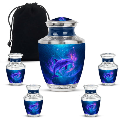 Powder Blue Dolphin Cremation Urn lifestyle display on memorial shelf - modern art-inspired dolphin motif on sleek aluminum - memorial set with one large and four small urns