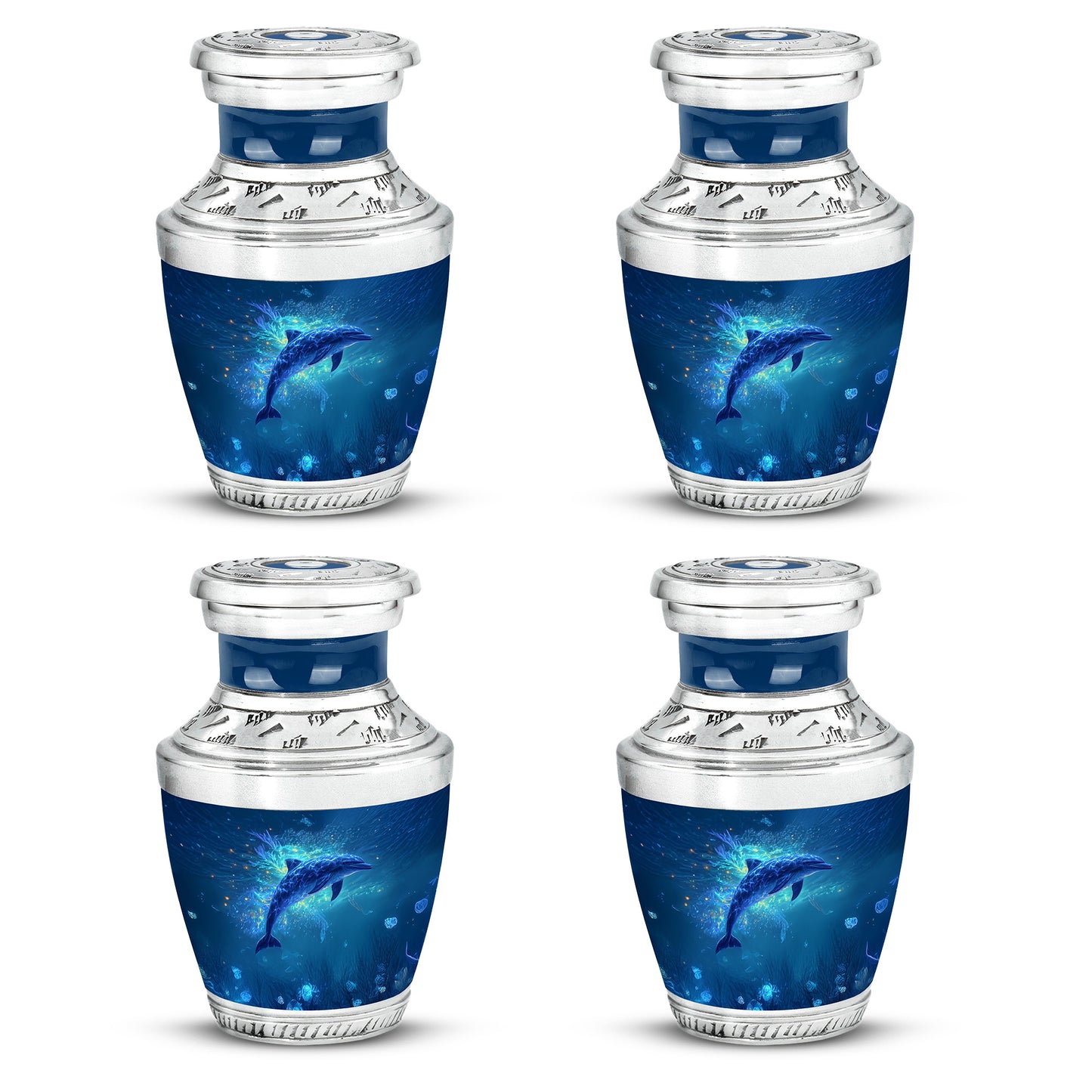 Sapphire Blue Dolphin Cremation Urn back view with polished surface - artistic dolphin interpretation with creative detail - 10 inch aluminum urn for cremated remains