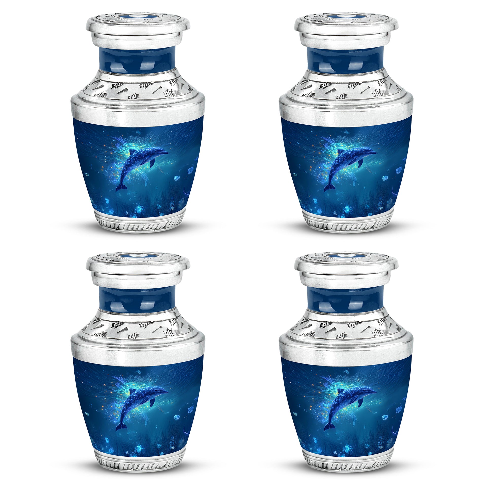 Sapphire Blue Dolphin Cremation Urn back view with polished surface - artistic dolphin interpretation with creative detail - 10 inch aluminum urn for cremated remains