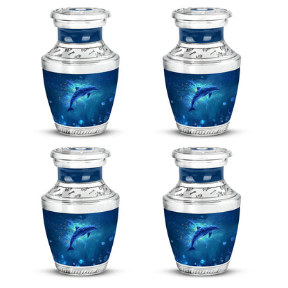 Sapphire Blue Dolphin Cremation Urn back view with polished surface - artistic dolphin interpretation with creative detail - 10 inch aluminum urn for cremated remains