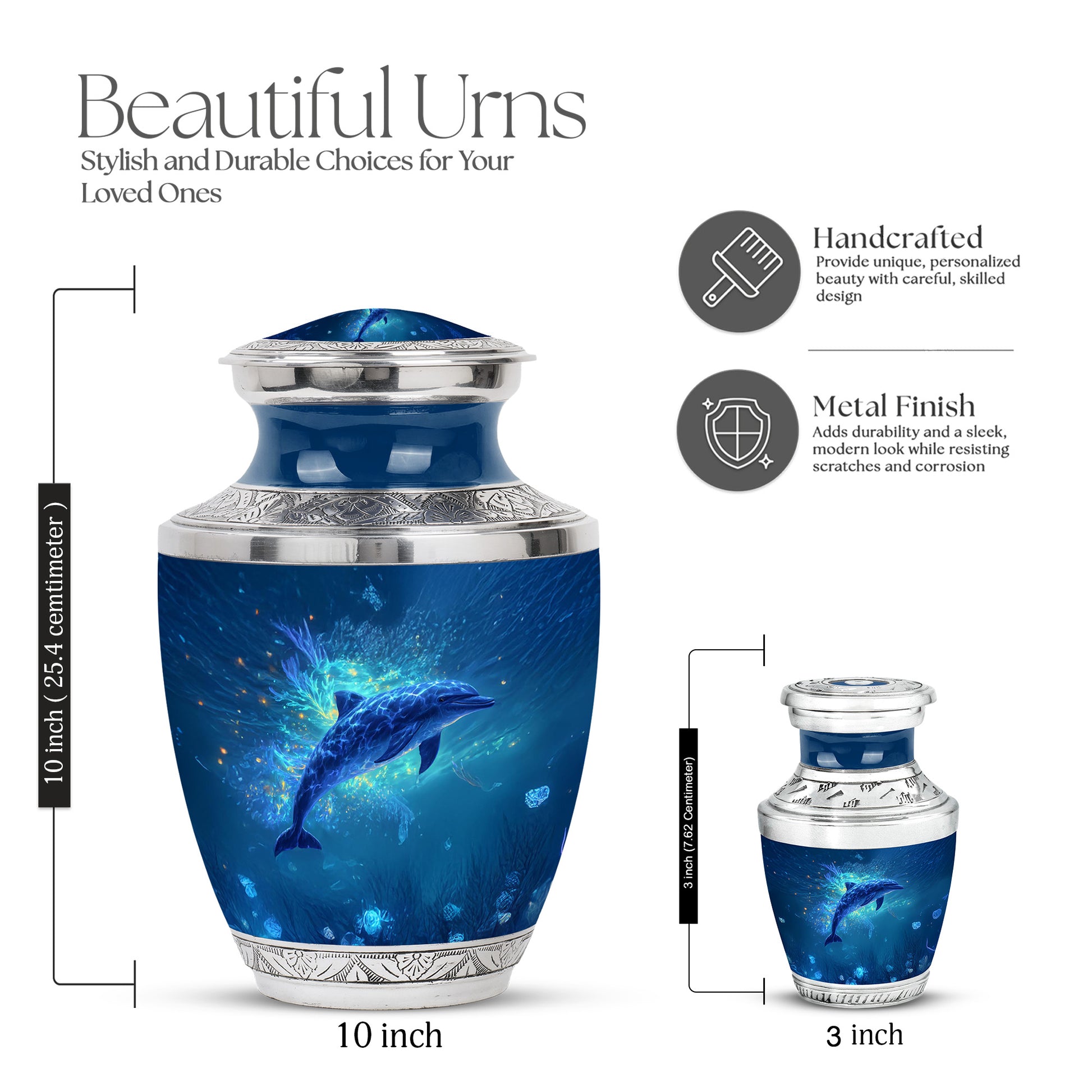 Dusty Blue Dolphin Cremation Urn top-down view of secure threaded lid - modern art-inspired dolphin motif on sleek aluminum - mini keepsake memorial for portion of cremation ashes