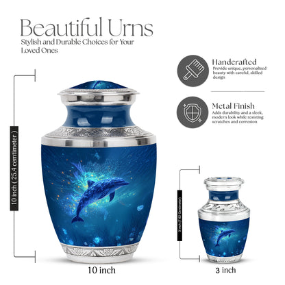Dusty Blue Dolphin Cremation Urn top-down view of secure threaded lid - modern art-inspired dolphin motif on sleek aluminum - mini keepsake memorial for portion of cremation ashes
