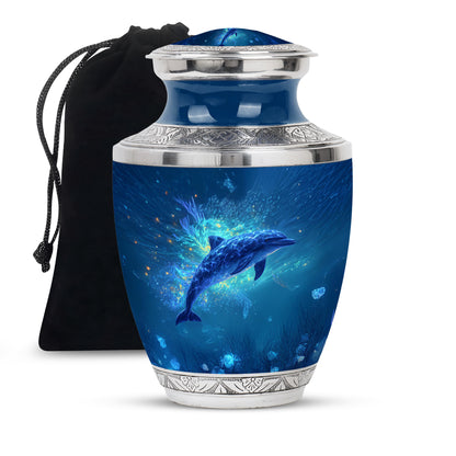 Cornflower Blue Dolphin Cremation Urn side profile showing urn shape - artistic dolphin interpretation with creative detail - full-size 10 inch 200 cubic inch adult cremation urn