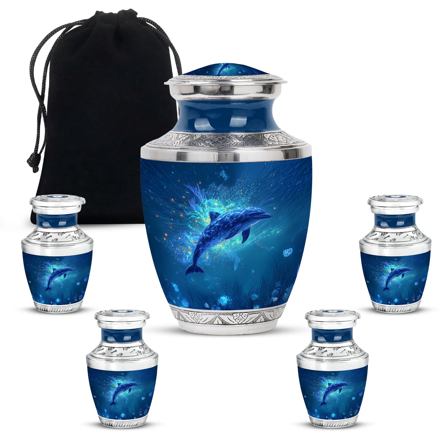 Cobalt Blue Dolphin Cremation Urn lifestyle display on memorial shelf - stylized abstract dolphin pattern with bold lines - memorial set with one large and four small urns