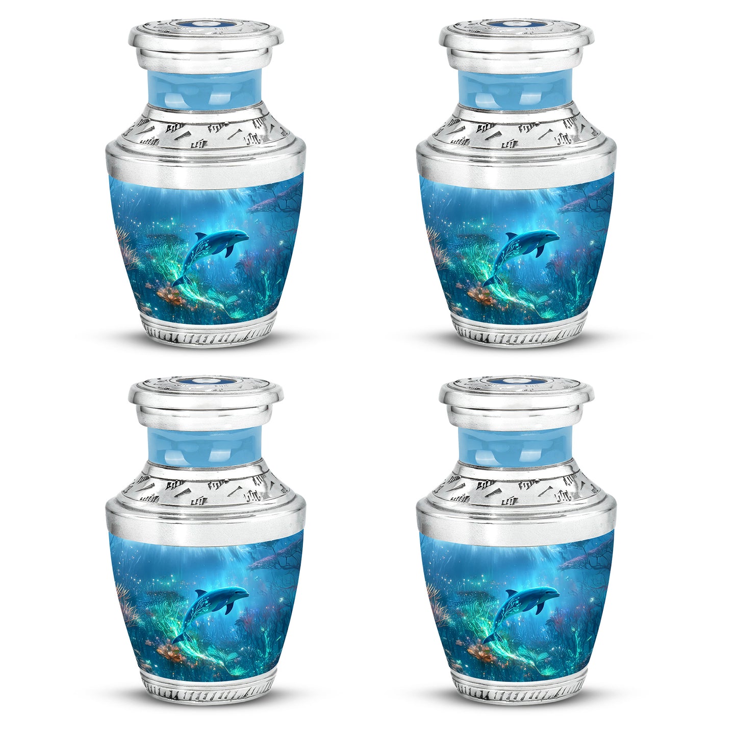 Serene Blue Dolphin Cremation Urn back view with polished surface - stylized abstract dolphin pattern with bold lines - 10 inch aluminum urn for cremated remains