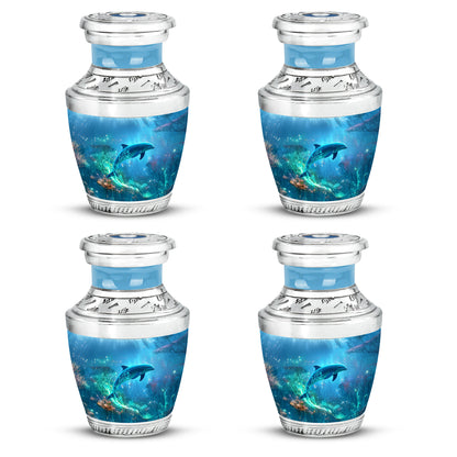 Serene Blue Dolphin Cremation Urn back view with polished surface - stylized abstract dolphin pattern with bold lines - 10 inch aluminum urn for cremated remains