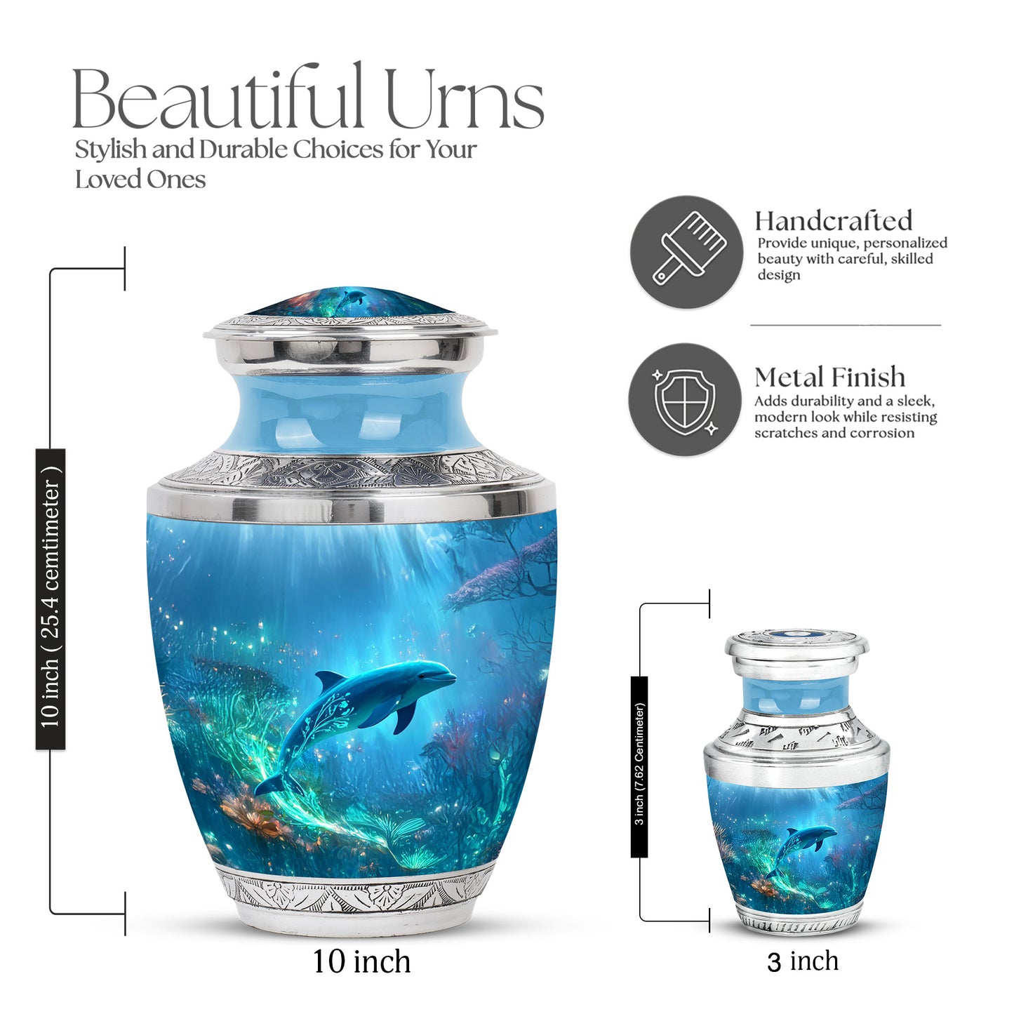 Cobalt Blue Dolphin Cremation Urn top-down view of secure threaded lid - stylized abstract dolphin pattern with bold lines - mini keepsake memorial for portion of cremation ashes