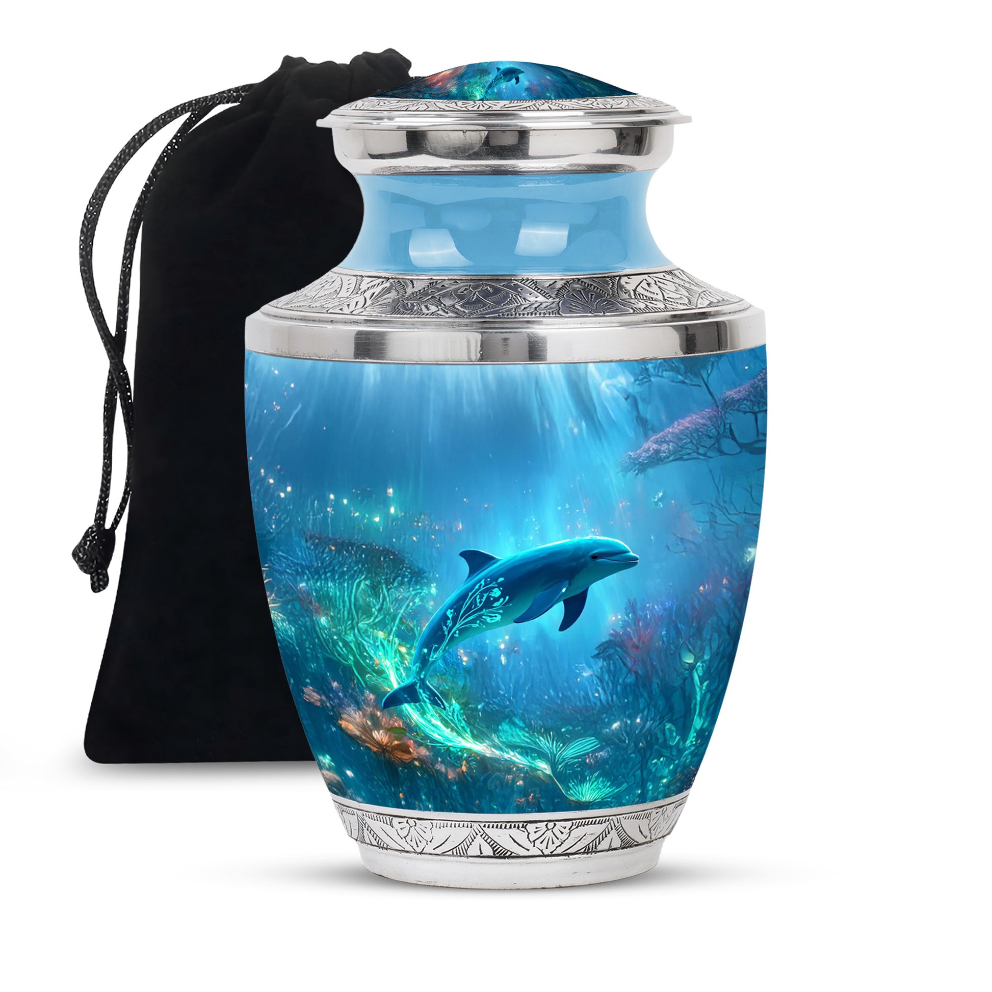 Vivid Blue Dolphin Cremation Urn side profile showing urn shape - artistic dolphin interpretation with creative detail - full-size 10 inch 200 cubic inch adult cremation urn