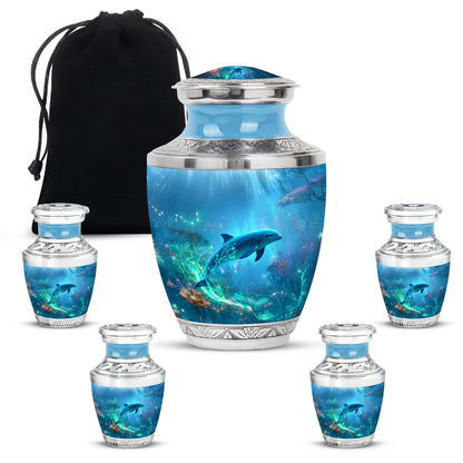 Serene Blue Dolphin Cremation Urn lifestyle display on memorial shelf - artistic dolphin interpretation with creative detail - memorial set with one large and four small urns