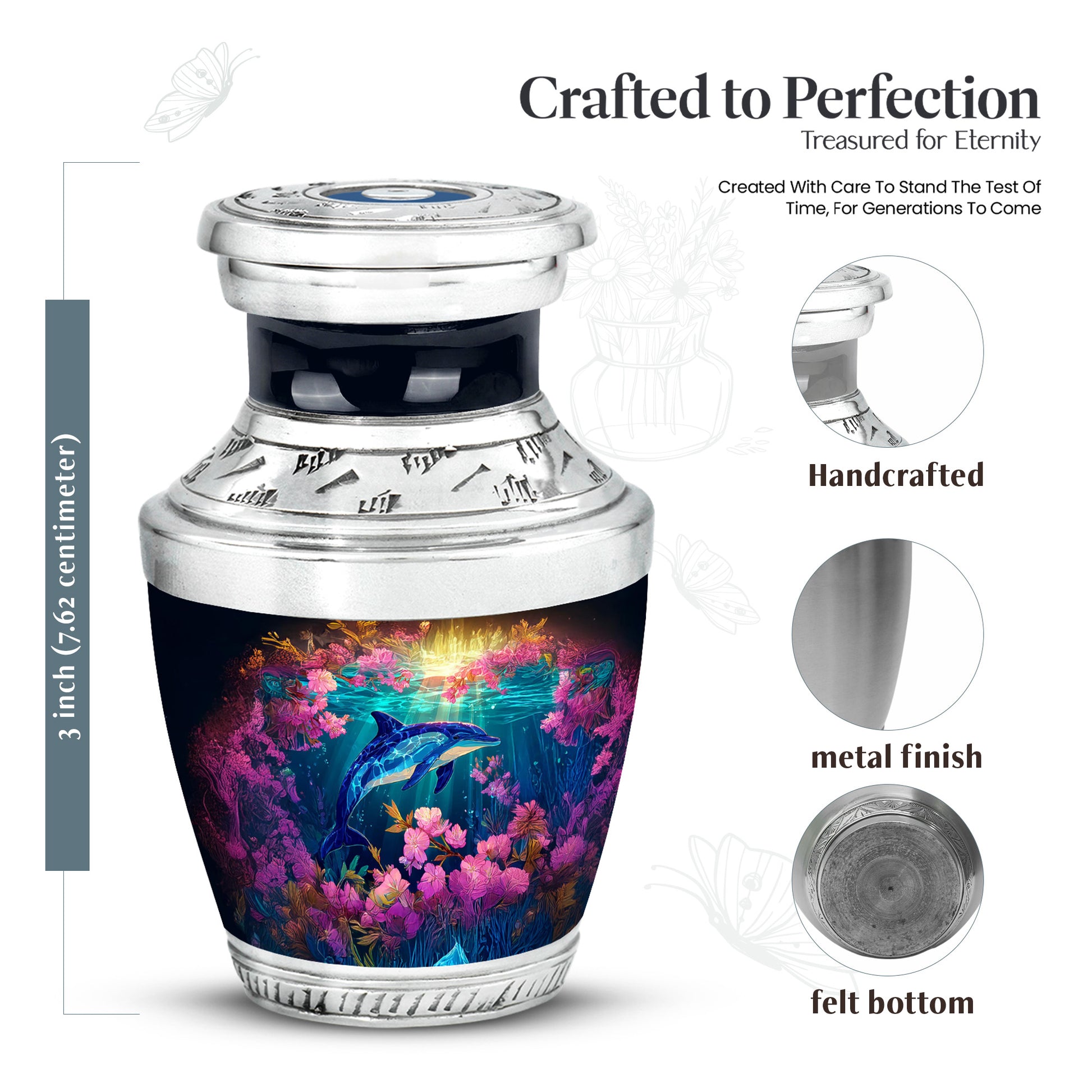 Harvest Gold Dolphin Cremation Urn top-down view of secure threaded lid - artistic dolphin interpretation with creative detail - mini keepsake memorial for portion of cremation ashes