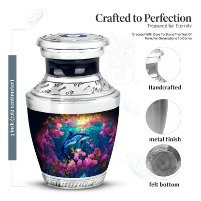 Harvest Gold Dolphin Cremation Urn top-down view of secure threaded lid - artistic dolphin interpretation with creative detail - mini keepsake memorial for portion of cremation ashes