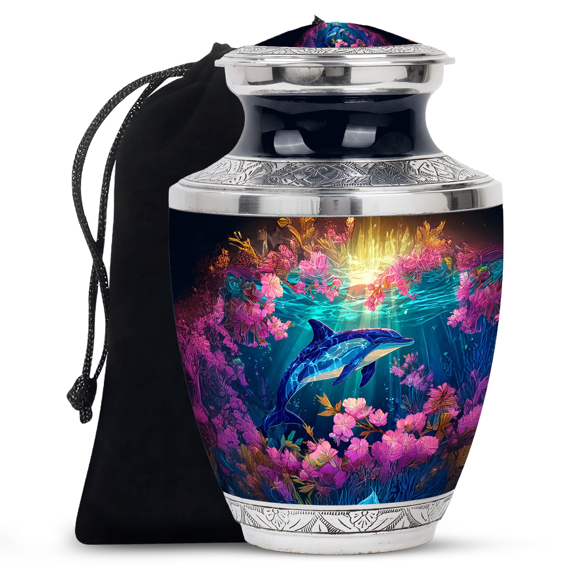 Matte Gold Dolphin Cremation Urn side profile showing urn shape - artistic dolphin interpretation with creative detail - full-size 10 inch 200 cubic inch adult cremation urn