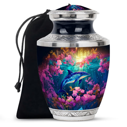 Matte Gold Dolphin Cremation Urn side profile showing urn shape - artistic dolphin interpretation with creative detail - full-size 10 inch 200 cubic inch adult cremation urn