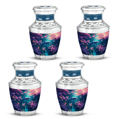 Soft Pink Dolphin Cremation Urn back view with polished surface - stylized abstract dolphin pattern with bold lines - 10 inch aluminum urn for cremated remains