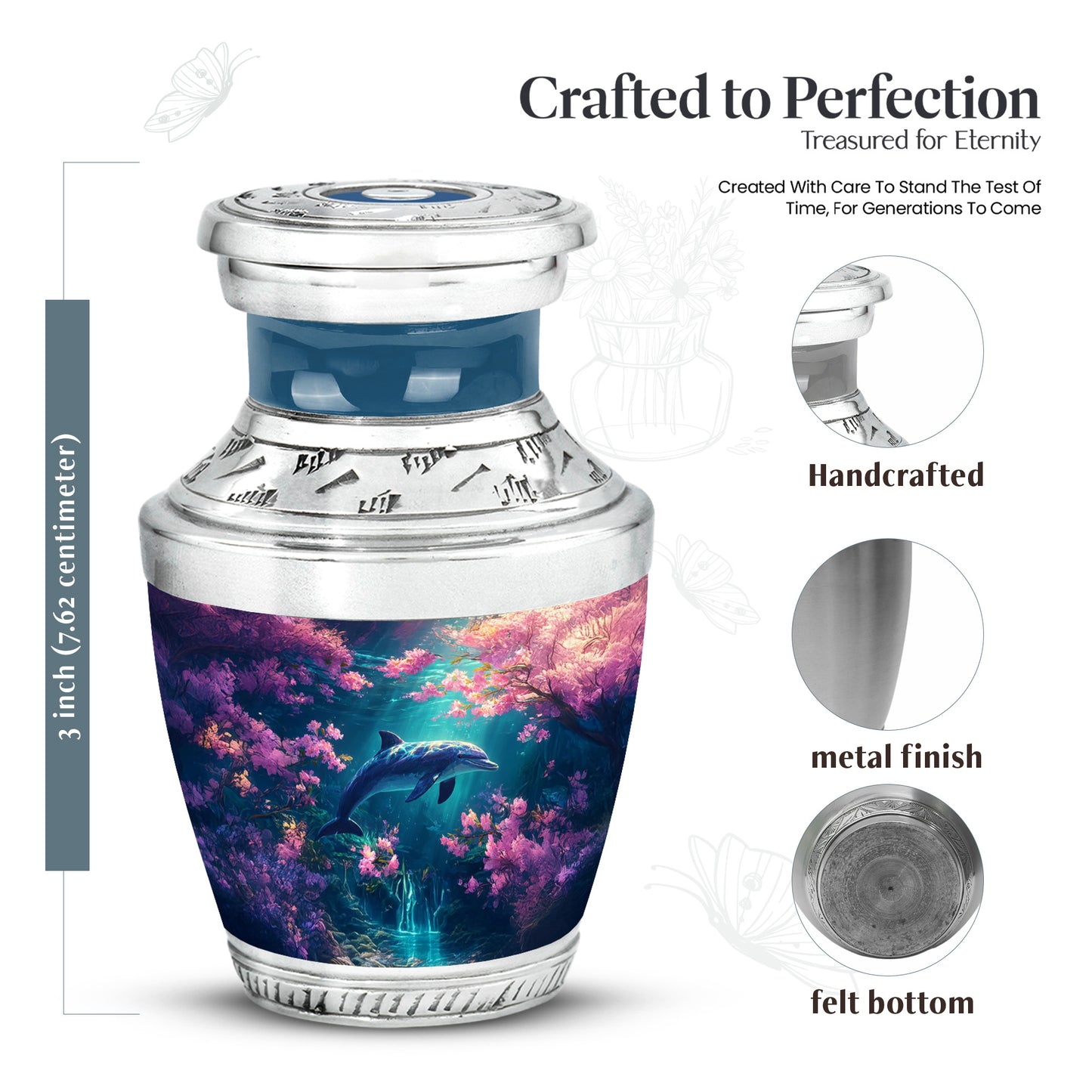 Pastel Pink Dolphin Cremation Urn top-down view of secure threaded lid - contemporary dolphin design with modern artistic flair - mini keepsake memorial for portion of cremation ashes