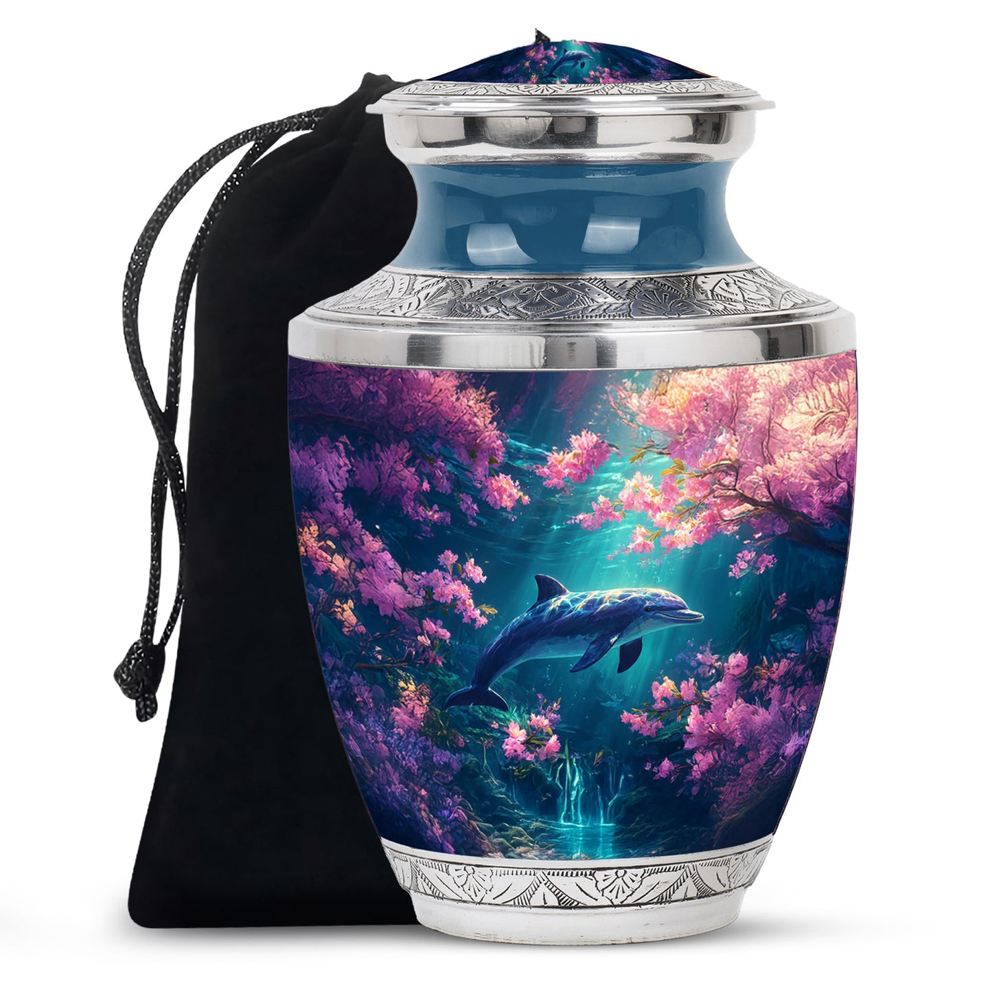 Vintage Pink Dolphin Cremation Urn side profile showing urn shape - artistic dolphin interpretation with creative detail - full-size 10 inch 200 cubic inch adult cremation urn
