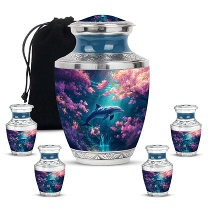 Soft Pink Dolphin Cremation Urn lifestyle display on memorial shelf - stylized abstract dolphin pattern with bold lines - memorial set with one large and four small urns