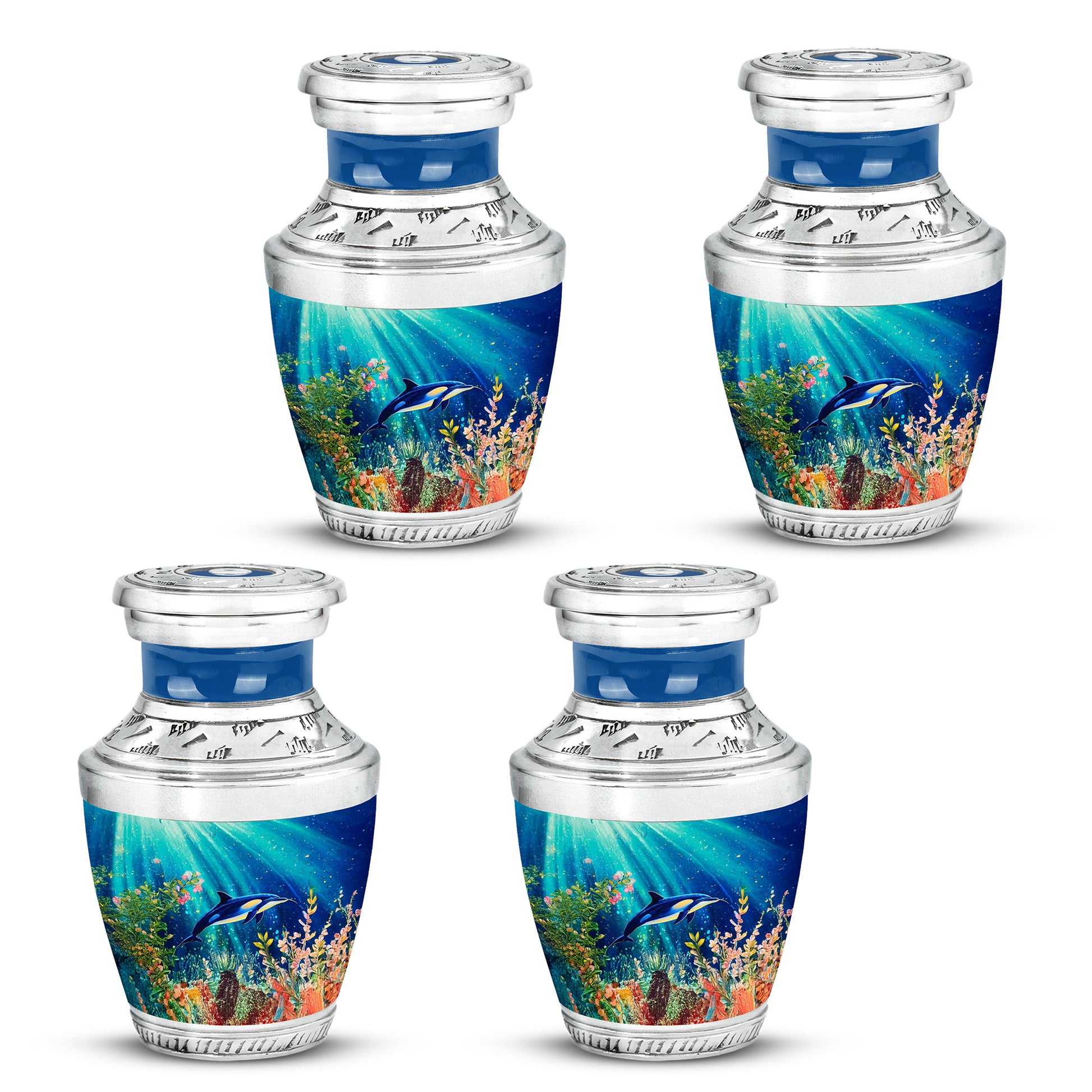 Ocean Teal Dolphin Cremation Urn back view with polished surface - contemporary dolphin design with modern artistic flair - 10 inch aluminum urn for cremated remains