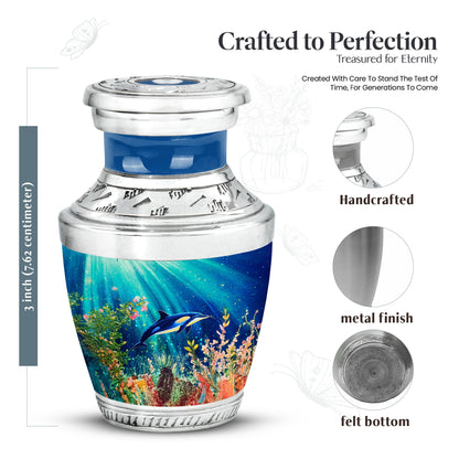 Aqua Teal Dolphin Cremation Urn top-down view of secure threaded lid - artistic dolphin interpretation with creative detail - mini keepsake memorial for portion of cremation ashes