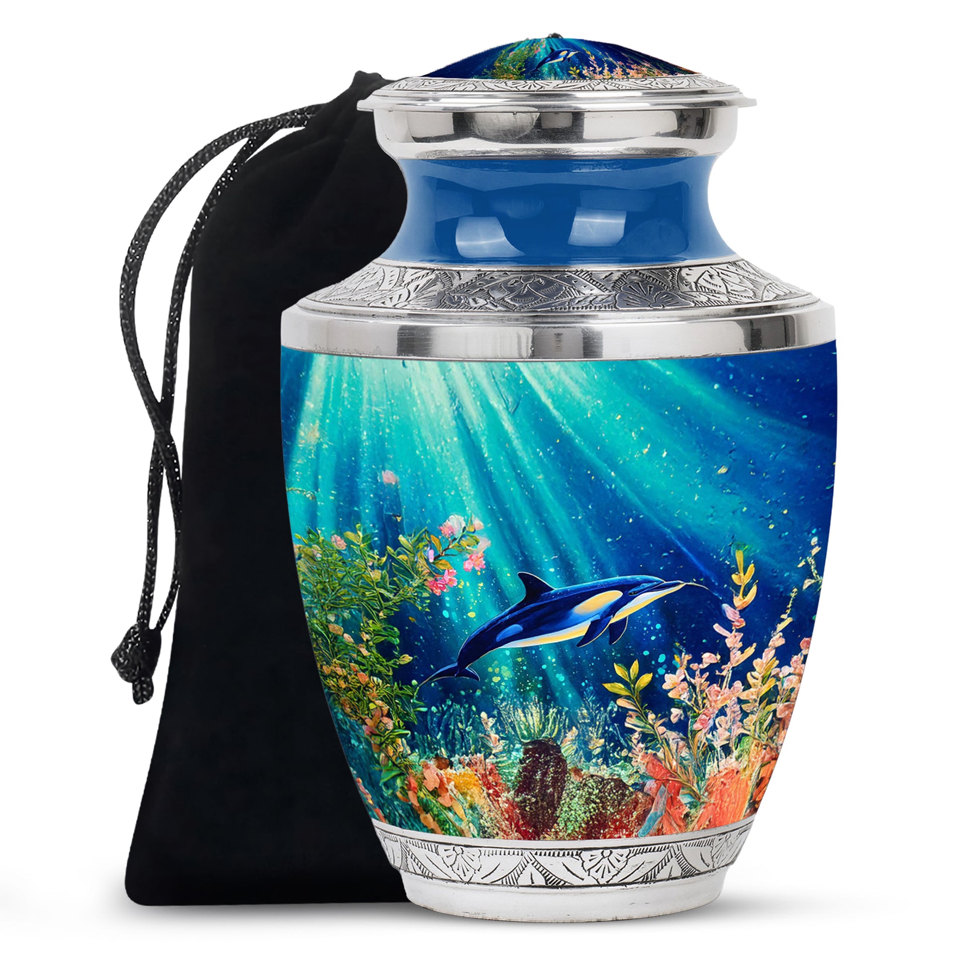 Tropical Teal Dolphin Cremation Urn side profile showing urn shape - stylized abstract dolphin pattern with bold lines - full-size 10 inch 200 cubic inch adult cremation urn
