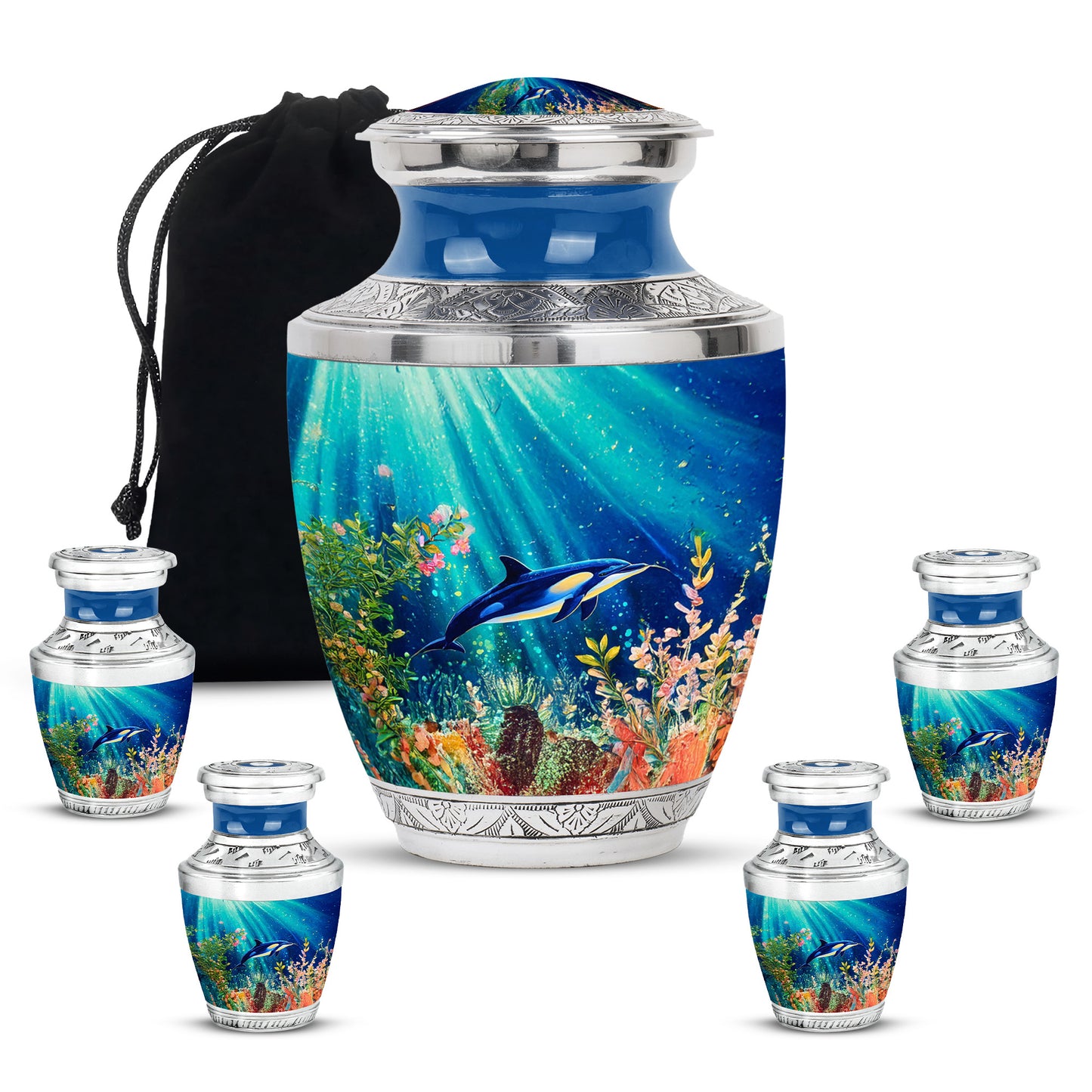 Vivid Teal Dolphin Cremation Urn lifestyle display on memorial shelf - artistic dolphin interpretation with creative detail - memorial set with one large and four small urns