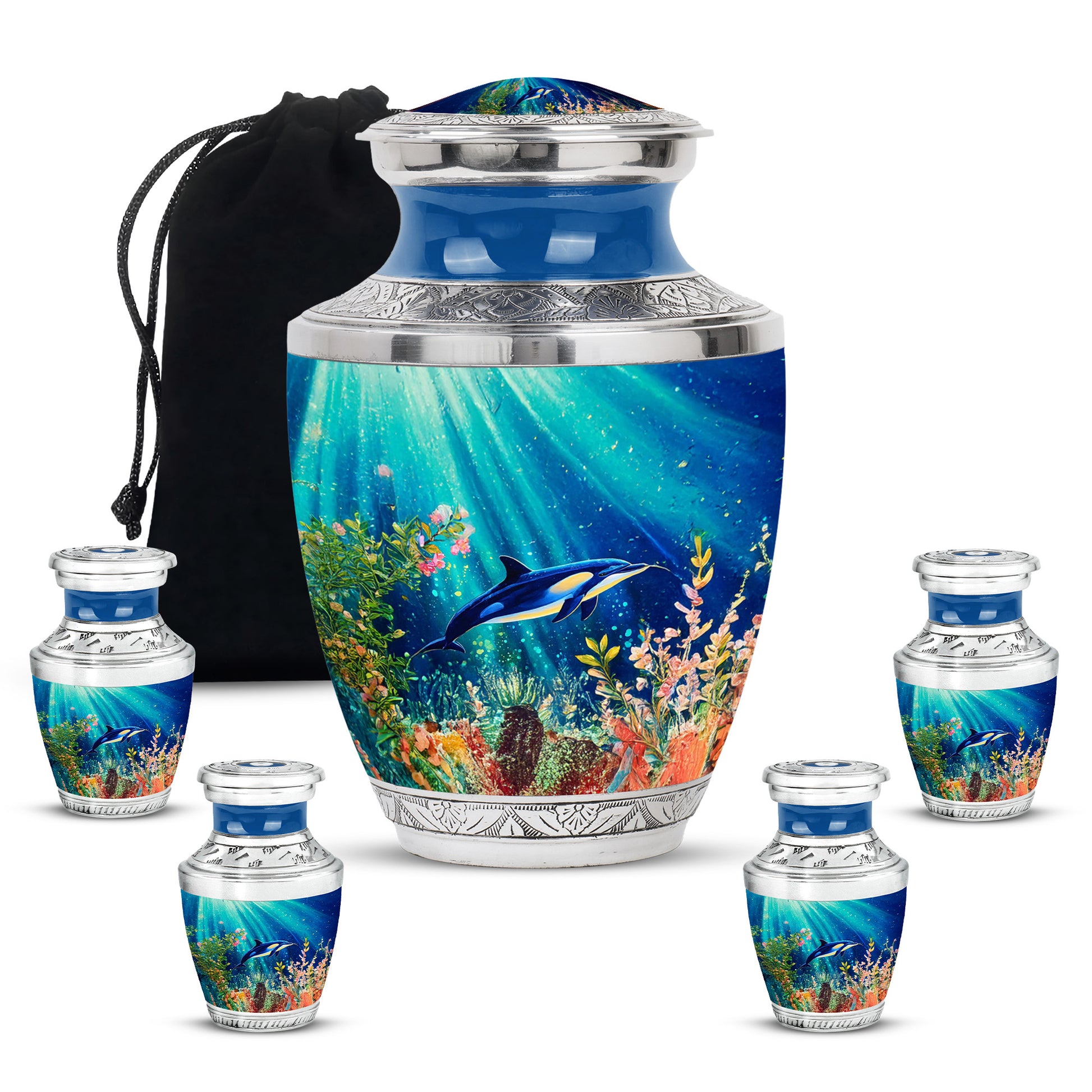 Vivid Teal Dolphin Cremation Urn lifestyle display on memorial shelf - artistic dolphin interpretation with creative detail - memorial set with one large and four small urns