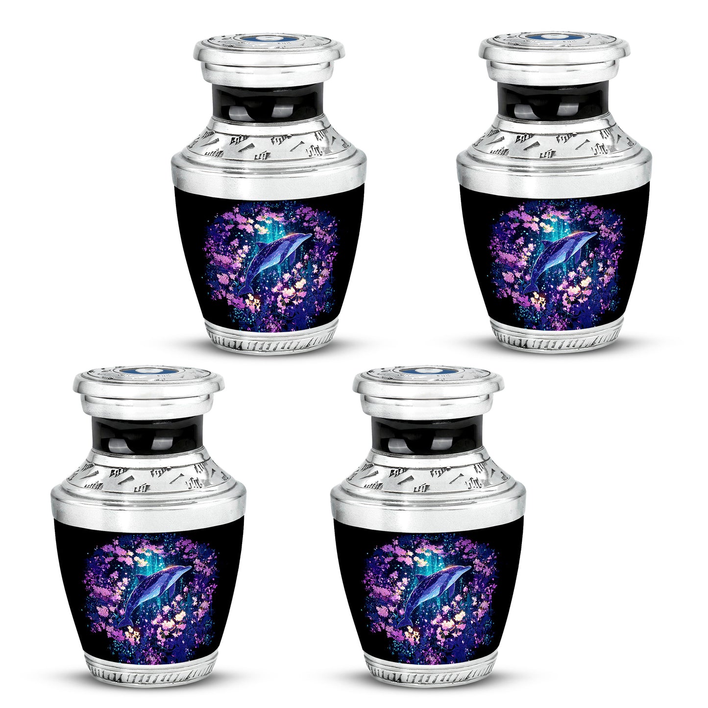Vivid Blue Dolphin Cremation Urn back view with polished surface - artistic dolphin interpretation with creative detail - 10 inch aluminum urn for cremated remains