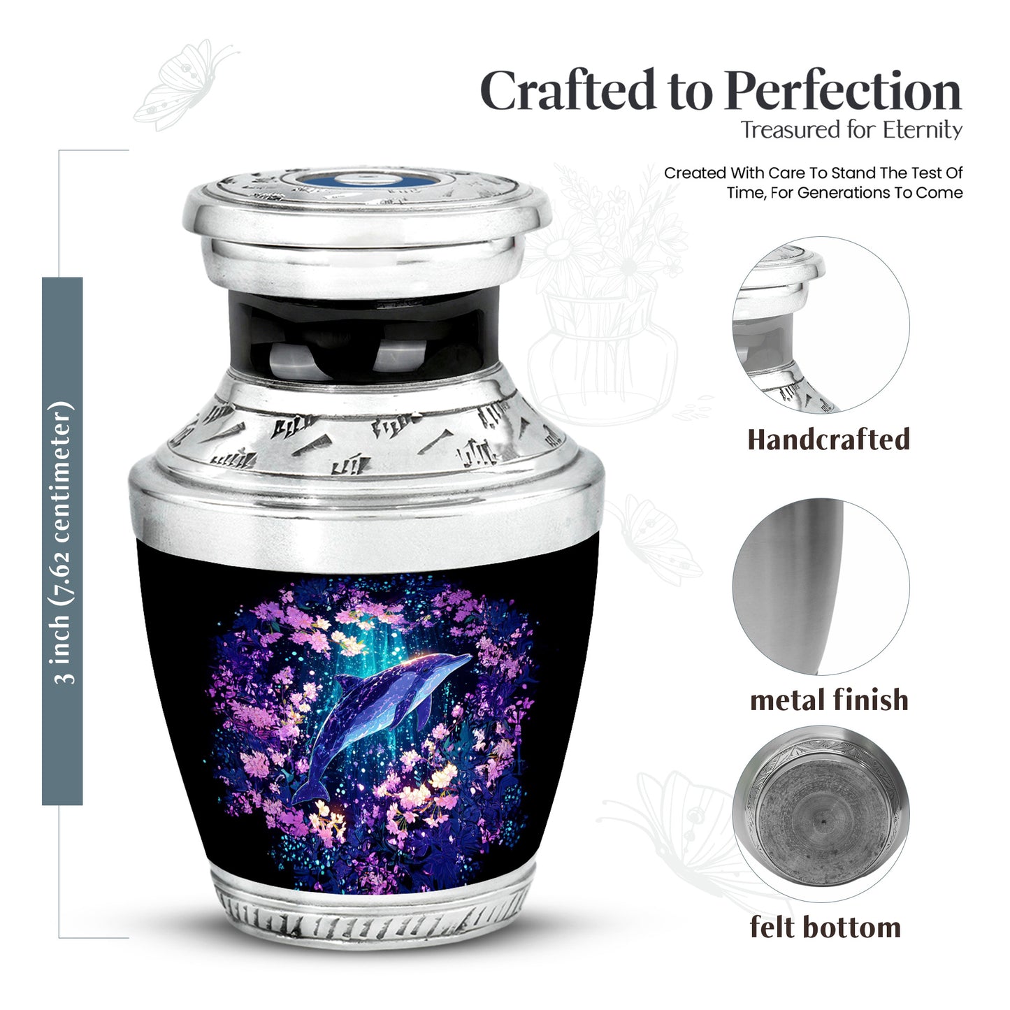 Twilight Blue Dolphin Cremation Urn top-down view of secure threaded lid - artistic dolphin interpretation with creative detail - mini keepsake memorial for portion of cremation ashes