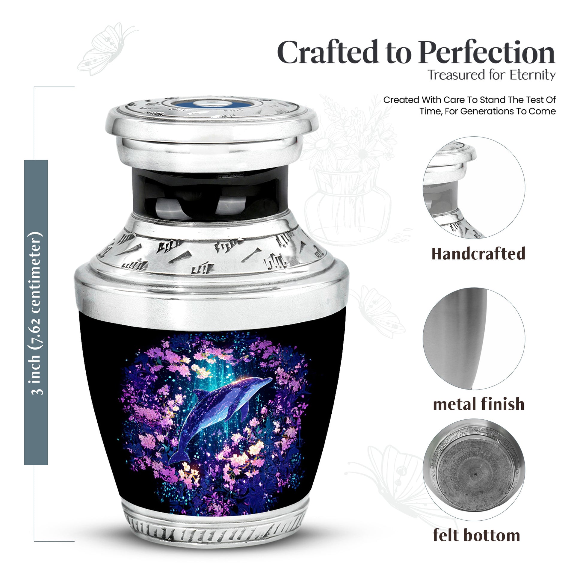 Twilight Blue Dolphin Cremation Urn top-down view of secure threaded lid - artistic dolphin interpretation with creative detail - mini keepsake memorial for portion of cremation ashes