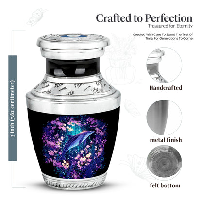Twilight Blue Dolphin Cremation Urn top-down view of secure threaded lid - artistic dolphin interpretation with creative detail - mini keepsake memorial for portion of cremation ashes