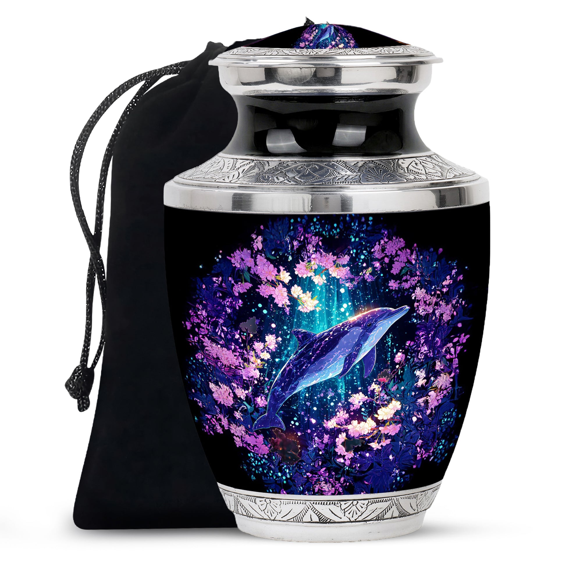 Twilight Blue Dolphin Cremation Urn side profile showing urn shape - artistic dolphin interpretation with creative detail - full-size 10 inch 200 cubic inch adult cremation urn