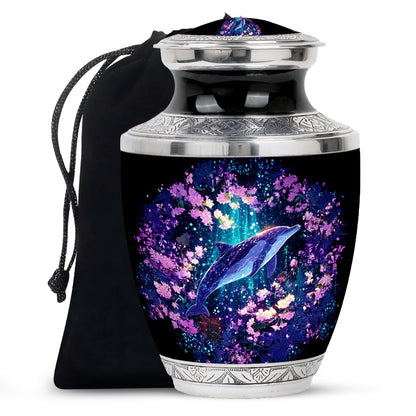 Twilight Blue Dolphin Cremation Urn side profile showing urn shape - artistic dolphin interpretation with creative detail - full-size 10 inch 200 cubic inch adult cremation urn