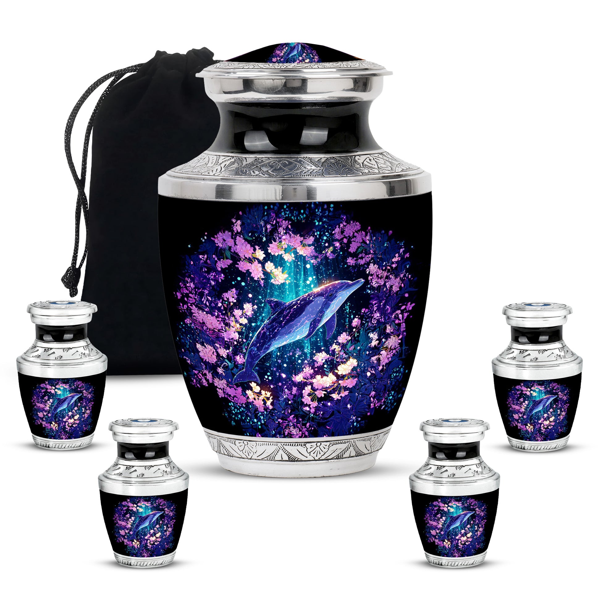 Celestial Blue Dolphin Cremation Urn lifestyle display on memorial shelf - modern art-inspired dolphin motif on sleek aluminum - memorial set with one large and four small urns