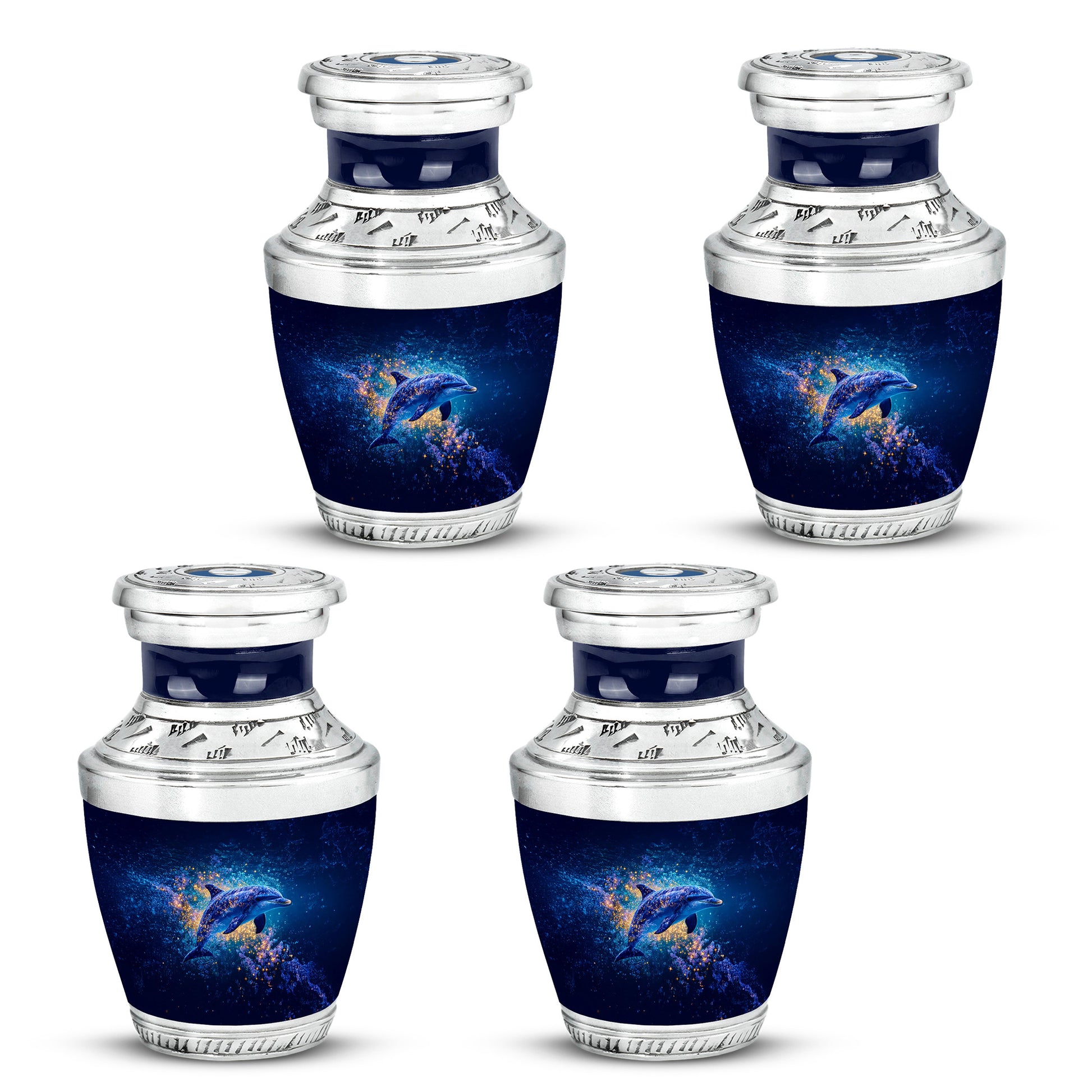 Slate Blue Dolphin Cremation Urn back view with polished surface - modern art-inspired dolphin motif on sleek aluminum - 10 inch aluminum urn for cremated remains