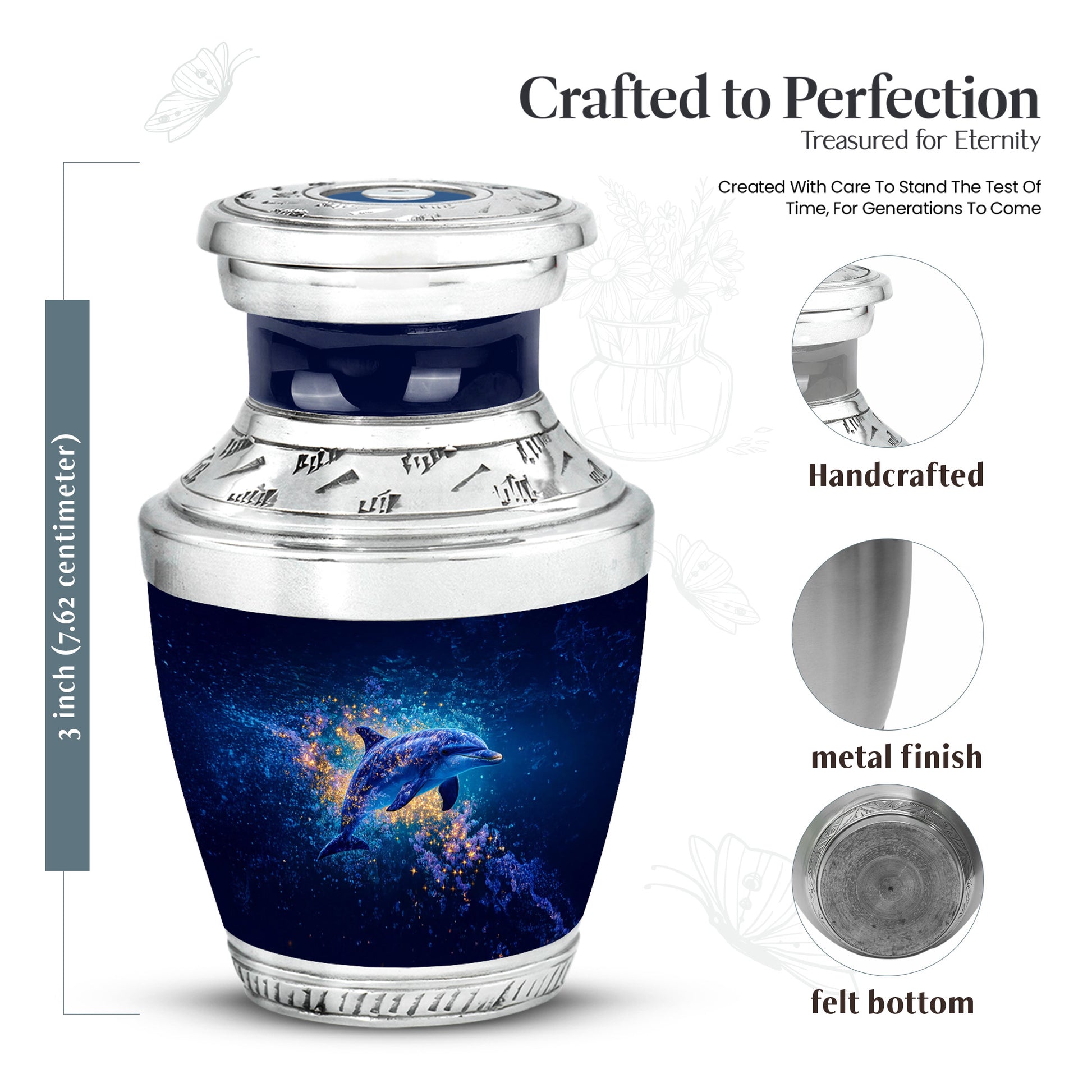 Indigo Dolphin Cremation Urn top-down view of secure threaded lid - contemporary dolphin design with modern artistic flair - mini keepsake memorial for portion of cremation ashes