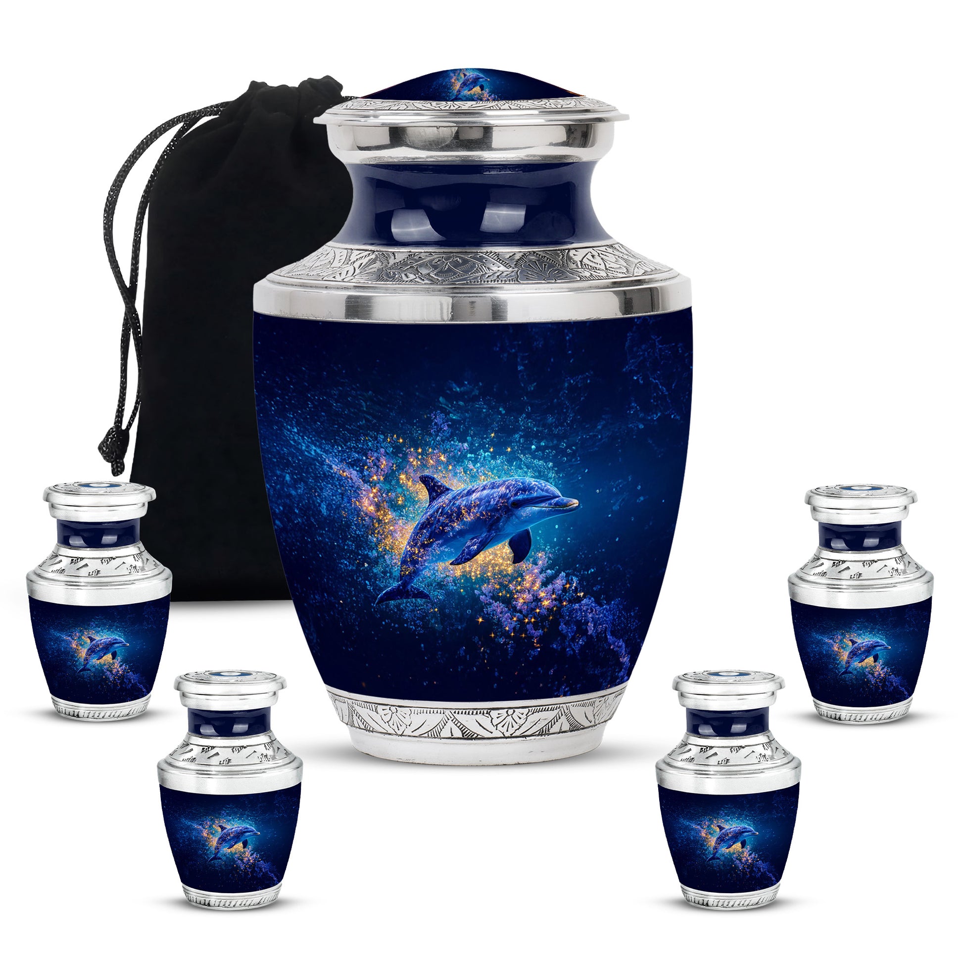 Powder Blue Dolphin Cremation Urn lifestyle display on memorial shelf - modern art-inspired dolphin motif on sleek aluminum - memorial set with one large and four small urns