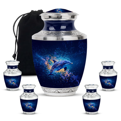 Powder Blue Dolphin Cremation Urn lifestyle display on memorial shelf - modern art-inspired dolphin motif on sleek aluminum - memorial set with one large and four small urns