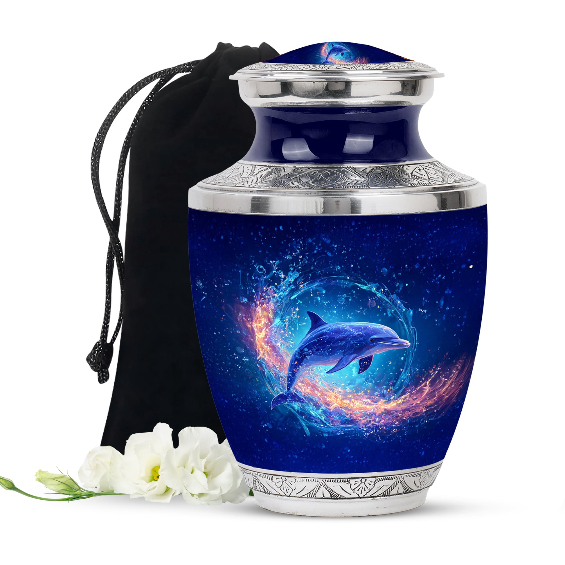 Sapphire Blue Dolphin Cremation Urn side profile showing urn shape - stylized abstract dolphin pattern with bold lines - full-size 10 inch 200 cubic inch adult cremation urn