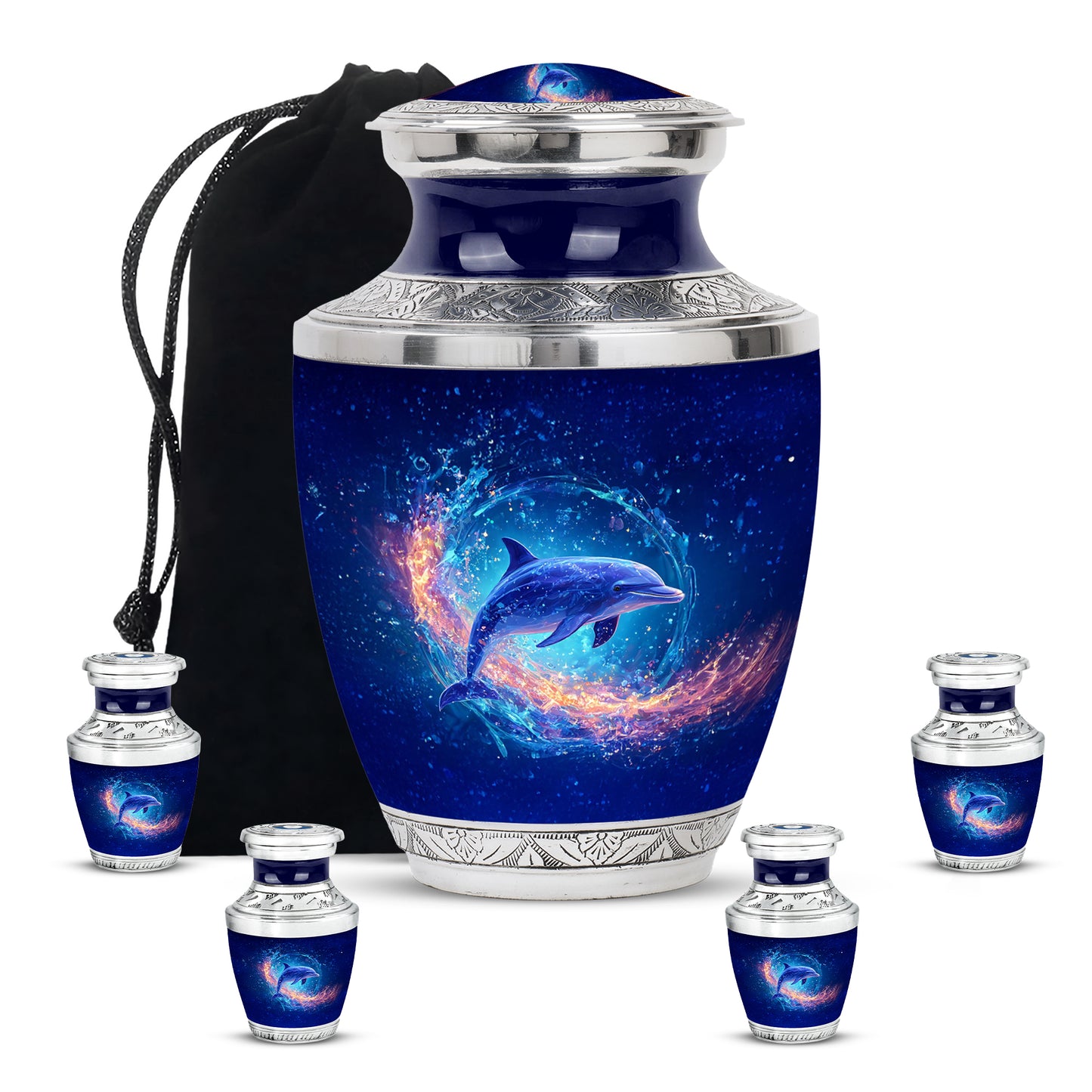 Cornflower Blue Dolphin Cremation Urn lifestyle display on memorial shelf - stylized abstract dolphin pattern with bold lines - memorial set with one large and four small urns