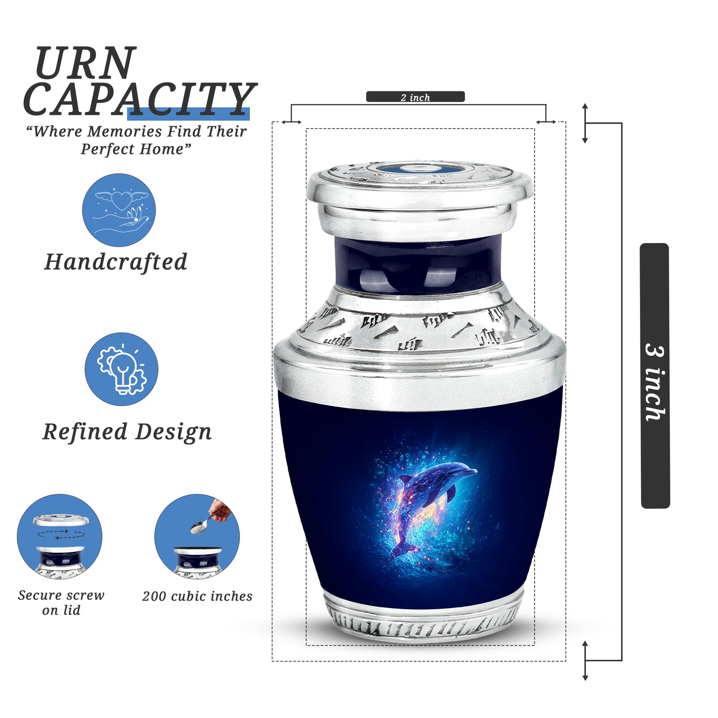 Cornflower Blue Dolphin Cremation Urn top-down view of secure threaded lid - artistic dolphin interpretation with creative detail - mini keepsake memorial for portion of cremation ashes