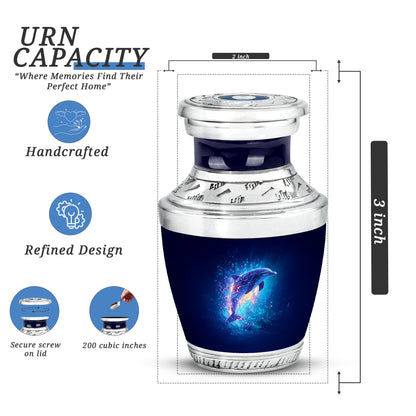 Cornflower Blue Dolphin Cremation Urn top-down view of secure threaded lid - artistic dolphin interpretation with creative detail - mini keepsake memorial for portion of cremation ashes